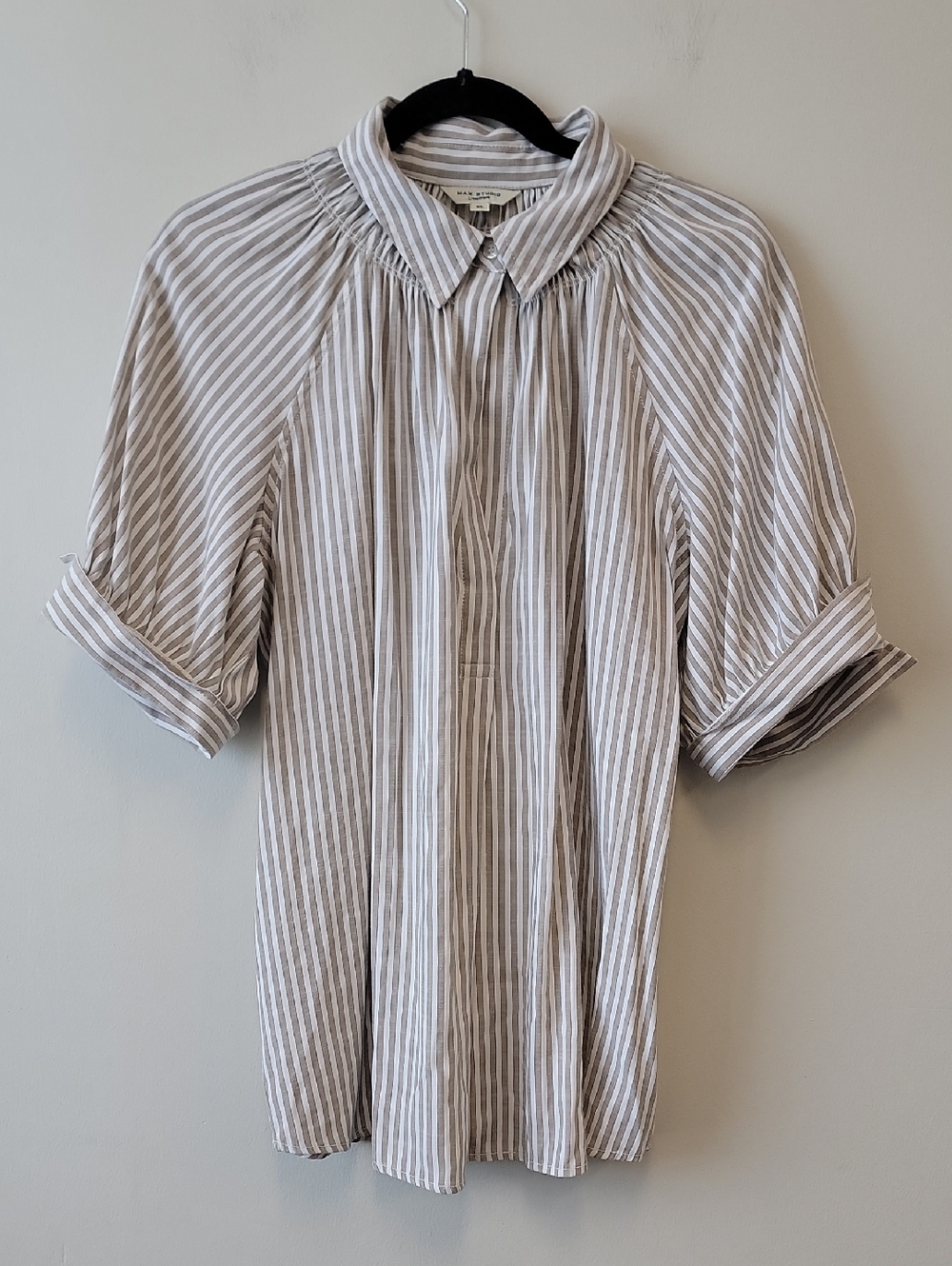 Max Studio Striped Button-Down Blousy Cottagecore Shirt in Beige and White